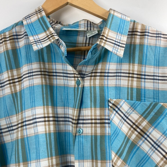 Collections etc cotton blend button down turquoise tan plaid shirt - Picture 2 of 10